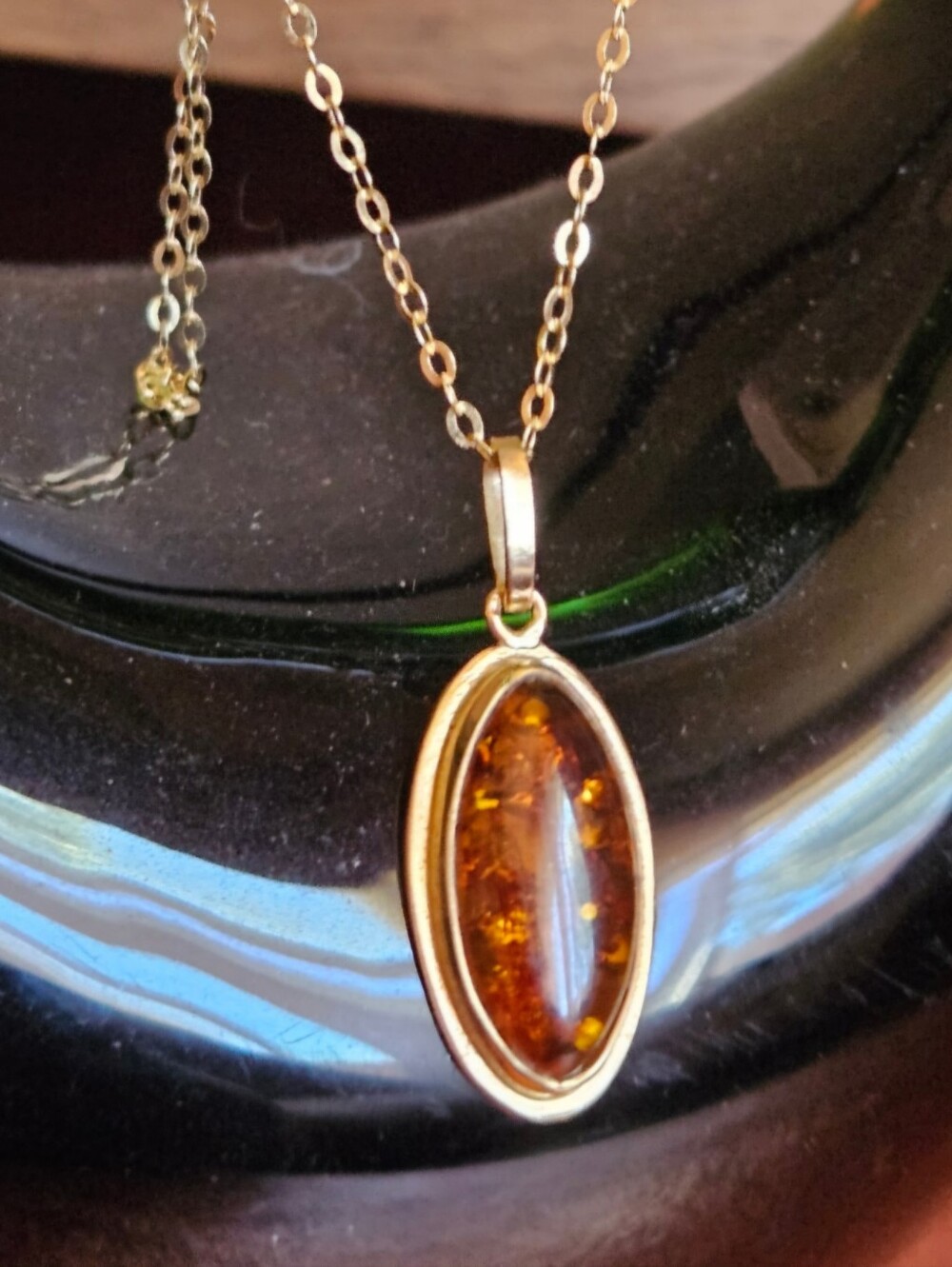 14k Gold Natural Honey Amber Teardrop Pendant Necklace 18'